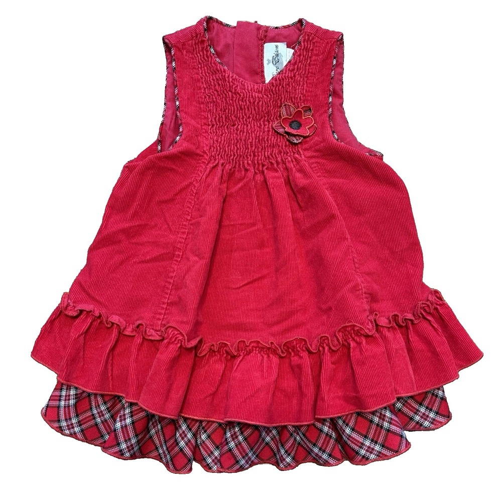 VTG Toddler Smocked Dress Red Corduroy Ruffle Hem, Plaid Flower, 2T Preppy